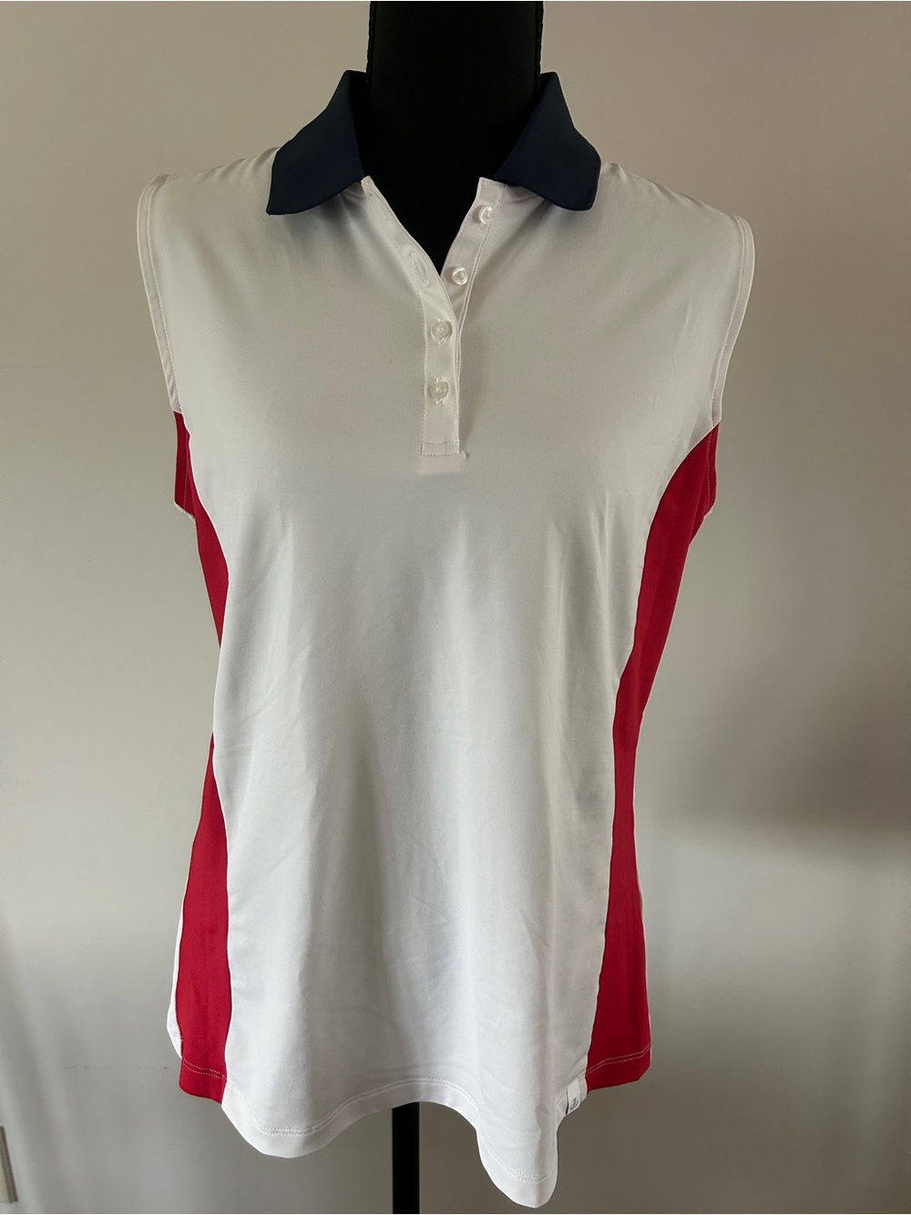 Lady Hagen White Sleeveless Polo Tank with Navy Collar and Red Side Panels